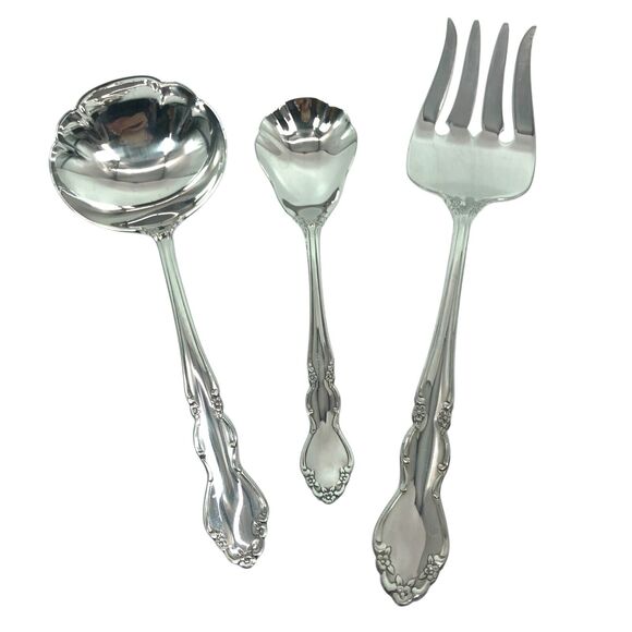 Oneida DOVER Heirloom Stainless Hostess Set of 3 Fork Gravy Ladle Sugar Spoon - Picture 1 of 7